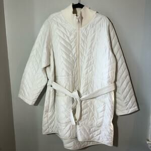 Athleta white quilted belted jacket womens 3X pockets high ribbed neck EUC